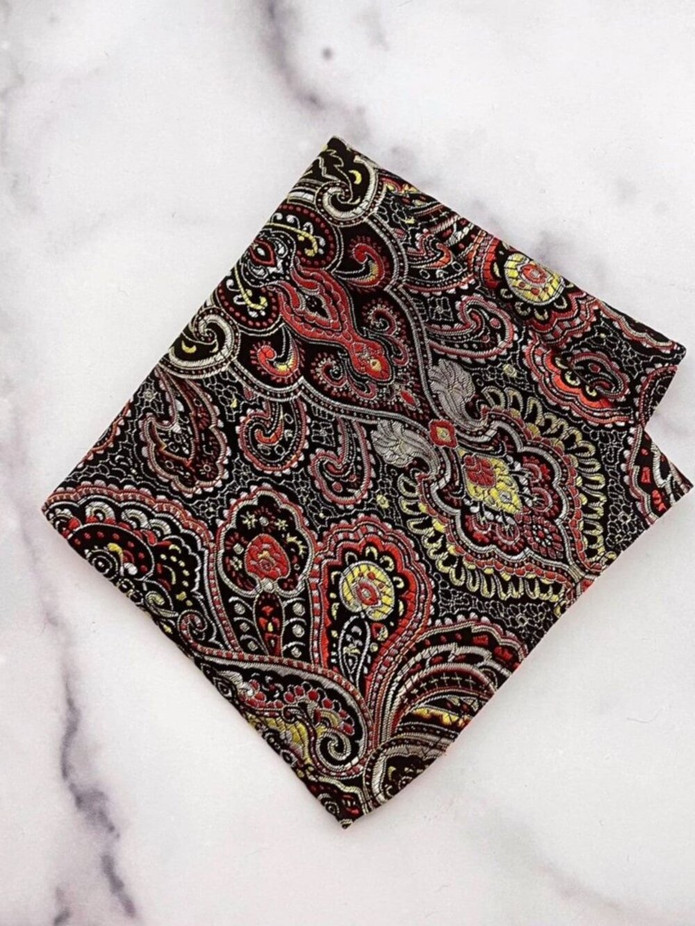 Paisley Pattern Brocade Pocket Square | Black & Red
